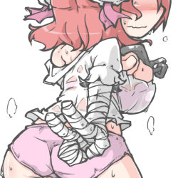 Rule 34 | 1girl, ass, bandages, blush, breasts, chain, cleavage, cuffs, ibaraki kasen, kureha mitsushige, large breasts, peace symbol, pink hair, red hair, see-through, short hair, solo, sweat, touhou, v, wet, wet clothes