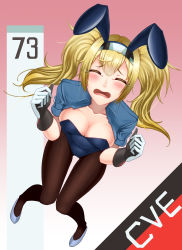 Rule 34 | 1girl, absurdres, ahoge, animal ears, black gloves, blonde hair, blue jacket, blue leotard, breasts, brown pantyhose, cleavage, collarbone, collared jacket, cropped jacket, facing viewer, fake animal ears, flats, foreshortening, from above, full body, gambier bay (kancolle), gloves, gradient background, hairband, highres, invisible chair, jacket, kantai collection, knees together feet apart, leotard, long hair, medium breasts, open clothes, open jacket, open mouth, pantyhose, pink background, playboy bunny, rabbit ears, raised eyebrows, shoes, short sleeves, sitting, solo, strapless, strapless leotard, tearing up, tears, twintails, two-tone hairband, w arms, white footwear