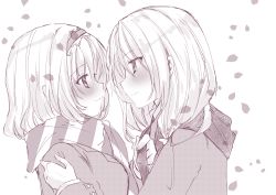 Rule 34 | 2girls, alice margatroid, bad id, bad pixiv id, blush, closed mouth, contemporary, eye contact, greyscale, hair between eyes, hairband, jacket, kirisame marisa, light smile, long hair, looking at another, monochrome, multiple girls, nanase nao, petals, profile, scarf, simple background, striped clothes, striped scarf, touhou, upper body, white background, yuri