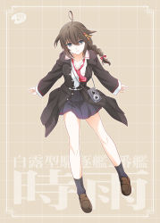 Rule 34 | 1girl, ahoge, black coat, black hair, black skirt, blouse, blue eyes, braid, camera, coat, collared shirt, commentary request, full body, hair flaps, hair ornament, hair over shoulder, kantai collection, leaning forward, loafers, long hair, necktie, official alternate costume, pleated skirt, red necktie, shigure (kancolle), shigure kai ni (kancolle), shirt, shizuki michiru, shoes, single braid, skirt, solo, standing, white shirt