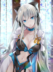 Rule 34 | 1girl, akatsuki hijiri, blue choker, blue eyes, blurry, blurry background, blush, breasts, choker, cleavage, commentary, fate/grand order, fate (series), grey hair, hair ornament, highres, large breasts, long hair, long sleeves, looking at viewer, morgan le fay (fate), navel, parted lips, pelvic curtain, solo