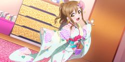 Rule 34 | 1girl, absurdres, alternate hairstyle, aqua kimono, artist name, artist request, blush, boots, braid, braided ponytail, breasts, brown eyes, brown hair, door, female focus, floral print, flower, flower print, hair between eyes, high ponytail, highres, indoors, japanese clothes, kimono, kunikida hanamaru, light brown hair, long hair, long sleeves, looking at viewer, love live!, love live! school idol festival, love live! school idol festival all stars, love live! sunshine!!, obi, outstretched arms, outstretched hand, parted lips, pink flower, ponytail, purple flower, sash, small breasts, smile, solo, wide sleeves, yellow eyes