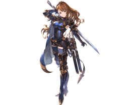 Rule 34 | 1girl, arm up, armor, armored boots, armpit cutout, beatrix (granblue fantasy), belt, blue scrunchie, bodysuit, boots, breasts, brown eyes, brown hair, cape, closed mouth, clothing cutout, full body, gauntlets, gloves, granblue fantasy, head tilt, high heels, holding, holding sword, holding weapon, long hair, looking at viewer, medium breasts, minaba hideo, official art, ponytail, scrunchie, skin tight, smile, solo, standing, sword, thighhighs, transparent background, turtleneck, weapon
