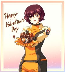 Rule 34 | 1girl, bow, brown hair, chocolate, food, gundam, gundam seed, happy valentine, head tilt, highres, holding, holding chocolate, holding food, ishiyumi, looking at viewer, mobile armor, moebius (gundam seed), nuclear weapon, open mouth, pilot suit, red bow, short hair, smile, solo