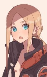 Rule 34 | 1girl, abigail williams (fate), absurdres, belt, black jacket, blonde hair, blue eyes, breasts, fate/grand order, fate (series), forehead, high collar, highres, jacket, kopaka (karda nui), long hair, long sleeves, low twintails, official alternate costume, open clothes, open jacket, open mouth, orange belt, parted bangs, small breasts, solo, twintails