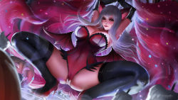 Rule 34 | ahri (league of legends), animal ears, armpits, black legwear, cameltoe, candle, covered navel, dutch angle, high heels, highres, jack-o&#039;-lantern, league of legends, lips, long hair, looking at viewer, multiple tails, pole dancing, pumpkin, red eyes, silver hair, smoke, spread legs, squatting, tail, tongue, tongue out, turewindwalker, wings
