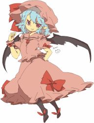Rule 34 | 1girl, azuma seiji, bat wings, blue hair, bow, brooch, dress, fang, female focus, full body, hat, hat ribbon, jewelry, looking at viewer, mob cap, pink dress, pointy ears, puffy short sleeves, puffy sleeves, red bow, red eyes, remilia scarlet, ribbon, footwear ribbon, shoes, short hair, short sleeves, smile, solo, touhou, white background, wings, wrist cuffs