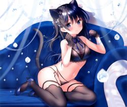 Rule 34 | 1girl, 3:, absurdres, animal ears, artist name, bare arms, bare shoulders, black gloves, black hair, black panties, black thighhighs, blue eyes, blue footwear, blue ribbon, blurry, bra, breasts, cat ears, cat girl, cat tail, cleavage, closed mouth, collarbone, couch, covered erect nipples, crop top, futaba miwa, garter straps, gloves, hair ribbon, hands up, high heels, highleg, highleg panties, highres, huge filesize, lace, lace-trimmed bra, lace-trimmed legwear, lace-trimmed panties, lace trim, lingerie, long hair, looking at viewer, medium breasts, navel, no pants, non-web source, on couch, one side up, original, panties, purple ribbon, ribbon, scan, sidelocks, signature, solo, stomach, tail, thighhighs, thighs, underwear