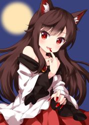 Rule 34 | 1girl, animal ear fluff, animal ears, brooch, brown hair, dress, fingernails, full moon, highres, imaizumi kagerou, jewelry, long fingernails, long hair, long sleeves, looking at viewer, moon, multicolored clothes, multicolored dress, nail polish, night, off-shoulder dress, off shoulder, open mouth, red dress, red eyes, red nails, ruu (tksymkw), smile, solo, standing, touhou, two-tone dress, white dress, wide sleeves, wolf ears, yellow moon