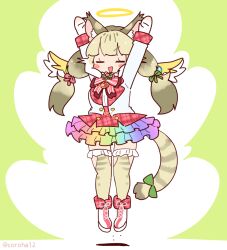 Rule 34 | 1girl, angel, angel wings, animal ears, arms up, boots, bow, bowtie, cat ears, cat girl, cat tail, coroha, extra ears, full body, gloves, green background, grey hair, jacket, jumping, jungle cat (kemono friends), kemono friends, kemono friends v project, lifelikealive, long hair, microphone, ribbon, simple background, skirt, solo, tail, thighhighs, twintails, virtual youtuber, wings