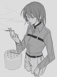 1girl chest_strap chief_(path_to_nowhere) chinese_commentary cigarette collared_shirt commentary_request earrings female_chief_(path_to_nowhere) greyscale highres holding holding_cigarette jewelry long_hair long_sleeves monochrome okkoooome pants parted_lips path_to_nowhere shirt smoke smoking solo