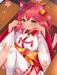 Rule 34 | 1girl, ahoge, animal ear fluff, animal ears, bell, blush, box, breasts, cardboard box, cat ears, cat girl, cat tail, cherry blossom print, commentary request, floral print, green eyes, hair bell, hair between eyes, hair flaps, hair ornament, highres, hololive, japanese clothes, kimono, long hair, looking at viewer, medium breasts, mi taro333, nontraditional miko, obi, open mouth, pink hair, sakura miko, sakura miko (1st costume), sash, sidelocks, single thighhigh, sitting, solo, tail, thigh strap, thighhighs, virtual youtuber, white kimono, white thighhighs