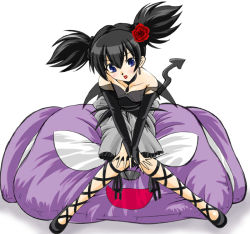 Rule 34 | 00s, 1girl, baku (onegai my melody), demon tail, flower, footwear ribbon, hair flower, hair ornament, jinno kei, knees together feet apart, kuromi, kurumi nui, leaning forward, lingerie, lipstick, makeup, onegai my melody, petticoat, red flower, red rose, ribbon, rose, sanrio, shoes, simple background, sitting, solo, tail, twintails, underwear, white background