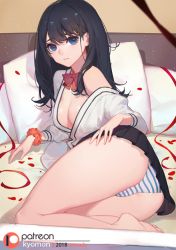 Rule 34 | 1girl, artist name, ass, bare legs, bare shoulders, barefoot, black hair, blanket, blue eyes, breasts, cameltoe, choker, cleavage, commentary, dated, english commentary, flipped hair, foreshortening, furrowed brow, gridman universe, hair between eyes, hair over shoulder, hand on own ass, indoors, long hair, looking at viewer, lying, medium breasts, medium hair, messy hair, nose, nostrils, off shoulder, on bed, on side, orange scrunchie, paid reward available, panties, patreon logo, petals, pleated skirt, reclining, red ribbon, ribbon, ribbon choker, scrunchie, shirt, sideboob, sideburns, skirt, soles, solo, songjikyo, ssss.gridman, striped clothes, striped panties, swept bangs, takarada rikka, underboob, underwear, upskirt, white shirt, wrist scrunchie