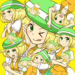 Rule 34 | 1girl, between breasts, bianca (pokemon), blonde hair, blush, breasts, chibi, commentary request, creatures (company), dress, game freak, green eyes, green hat, hat, looking at viewer, nintendo, open mouth, pantyhose, pokemon, pokemon bw, ragunaroku, short hair, smile, solo, strap between breasts