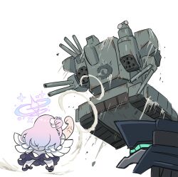Rule 34 | 1girl, angel wings, anger vein, arm up, armored core, armored core 6, black dress, blue archive, capelet, chibi, commentary request, crossover, dress, feathered wings, flower, ha-t-102 juggernaut, hair bun, hair flower, hair ornament, hair scrunchie, halo, highres, long hair, mecha, mika (blue archive), pink hair, punching, raised fist, robot, school uniform, science fiction, scrunchie, sidelocks, simple background, single side bun, size difference, smoke, solokov (okb-999), v.iv rusty, white capelet, white wings, wings