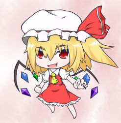 Rule 34 | &gt;:d, 1girl, :d, ascot, ashikiri, blonde hair, female focus, flandre scarlet, hat, looking at viewer, mob cap, open mouth, red eyes, side ponytail, smile, solo, touhou, v-shaped eyebrows, wings