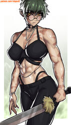 1girl abs breasts burn_scar glasses green_hair highres holding holding_sword holding_weapon jujutsu_kaisen looking_at_viewer medium_breasts multiple_scars muscular muscular_female navel pants round_eyewear scar scar_on_arm scar_on_back scar_on_face scars_all_over shiny_skin solo standing stopu sword thong too_many weapon yellow_eyes zen&#039;in_maki