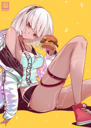 Rule 34 | 1girl, altera (fate), bare shoulders, breasts, burger, cleavage, dark-skinned female, dark skin, fate/extella, fate/extra, fate (series), food, full-body tattoo, hairband, highres, jacket, knee up, legs, long sleeves, looking at viewer, medium breasts, nekomimipunks, off shoulder, open clothes, open jacket, open mouth, photoshop (medium), red eyes, short hair, sitting, tattoo, white hair, white jacket, yellow background