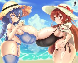 Rule 34 | 2girls, absurdres, alternate breast size, angry, beach, blue eyes, blue hair, bra, braid, breasts, brown eyes, brown hair, character request, copyright request, curvy, eris greyrat, gigantic breasts, hat, hat ribbon, highres, kyojiri loli, long hair, looking at viewer, multiple girls, oppai loli, plump, ribbon, roxy migurdia, shy, skindentation, sky, straw hat, tagme, thick thighs, thighs, thong, underwear, water, wide hips, zoey kazuya