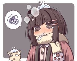 Rule 34 | 1girl, @ @, animal, blush, brown hair, brown scarf, cat, chinchin kemokemo, closed mouth, collared shirt, commentary, dress shirt, fever, fujisaki yuu, grey background, hair ornament, hairclip, ice pack, liquid-in-glass thermometer, long hair, mouth hold, narugami yuzuriha, nose blush, on head, open clothes, scarf, shirt, short eyebrows, sick, solo, spoken squiggle, squiggle, steam, symbol-only commentary, tears, thermometer, two-tone background, upper body, white background, white shirt