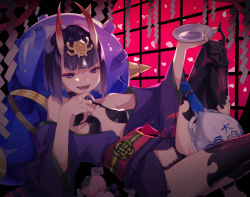 Rule 34 | 1girl, alcohol, bare shoulders, bob cut, bottle, breasts, collarbone, cup, eyeliner, fate/grand order, fate (series), gourd, headpiece, highres, horns, japanese clothes, kimono, knee up, long sleeves, looking at viewer, makeup, obi, oni, open mouth, purple eyes, purple hair, purple kimono, revealing clothes, sakazuki, sake, sash, shimi to ufu, short hair, shuten douji (fate), skin-covered horns, small breasts, smile, solo, thighs, wide sleeves