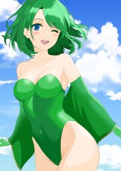 Rule 34 | 1girl, absurdres, aged up, blue eyes, blush, breasts, cleavage, cloud, covered navel, detached sleeves, final fantasy, final fantasy iv, gloves, green hair, green leotard, groin, highleg, highleg leotard, highres, leotard, long hair, looking at viewer, medium breasts, one eye closed, open mouth, rydia (ff4), smile, solo, yuuyuu (3jjbn)