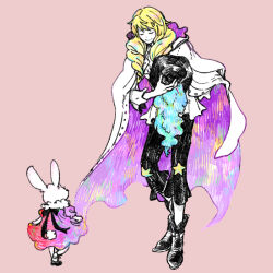 Rule 34 | 1boy, 1other, black footwear, black hat, blonde hair, cape, cavendish, closed eyes, curtsey, dress, hat, holding, holding clothes, holding hat, itowo (itowc), one piece, pink dress, plume, rabbit, skirt hold, smile, two-sided cape, two-sided fabric