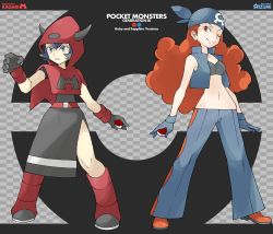 Rule 34 | 00s, 2girls, angry, bad id, bad pixiv id, bandana, bare arms, bare shoulders, belt, black dress, black gloves, blue eyes, blue gloves, blue hair, blue legwear, boots, breasts, buckle, character name, checkered background, claw pose, copyright name, courtney (pokemon), creatures (company), cropped jacket, curly hair, dress, fighting stance, flipped hair, full body, game freak, gloves, grey background, head tilt, high collar, highres, holding, holding poke ball, hood, horns, jacket, knee boots, letterboxed, light smile, long hair, looking at viewer, midriff, multiple girls, narrow waist, navel, nintendo, official style, one eye closed, outstretched arm, outstretched arms, outstretched hand, pants, poke ball, pokemon, pokemon rse, red eyes, red hair, red legwear, shelly (pokemon), shigino sohuzi, shoes, short hair, side slit, simple background, sleeveless, small breasts, smile, spread arms, standing, strapless, symmetrical hand pose, symmetry, team aqua, team magma, teeth, tube top, uniform, wink