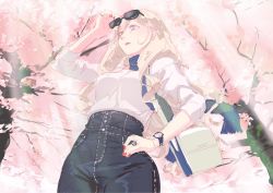 Rule 34 | 1girl, bag, blonde hair, blue eyes, blue scarf, cherry blossoms, commentary request, cowboy shot, eyewear on head, from below, hair between eyes, hand on own hip, high-waist pants, kantai collection, long hair, mole, mole under eye, mole under mouth, nail polish, pants, red nails, richelieu (kancolle), scarf, shirt, shoulder bag, solo, standing, sunglasses, takuzui, tree, watch, white shirt, wristwatch