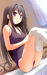 Rule 34 | 1girl, absurdres, ayase sayuki, bare shoulders, black hair, blue eyes, blurry, blush, breasts, cleavage, depth of field, dutch angle, hair intakes, highres, kantoku, long hair, looking at viewer, one-piece swimsuit, school swimsuit, sitting, smile, solo, swimsuit, thighhighs, white thighhighs, your diary
