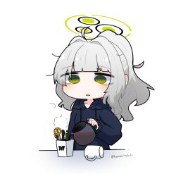 Rule 34 | 1girl, @ @, black hoodie, blue archive, chibi, chibi only, coffee mug, coffee pot, commentary request, cup, green eyes, green halo, grey hair, halo, hare (blue archive), high ponytail, highres, holding, holding coffee pot, hood, hood down, hoodie, kuroshiro1011, long hair, long sleeves, millennium science school logo, mug, parted lips, pen, pen holder, pencil, pouring, puffy long sleeves, puffy sleeves, scissors, simple background, solo, steam, twitter username, white background, you&#039;re doing it wrong