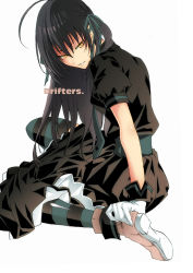 Rule 34 | 10s, 1girl, black hair, drifters, easy (drifters), gloves, hair ribbon, long hair, ribbon, solo, striped clothes, striped thighhighs, thighhighs, yellow eyes