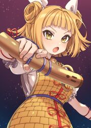 Rule 34 | 1girl, absurdres, armor, armored dress, blonde hair, blunt bangs, commentary request, dress, e sdss, gradient background, hair ribbon, haniwa (statue), highres, holding, joutouguu mayumi, looking at viewer, open mouth, ribbon, short hair, short sleeves, solo, touhou, upper body, white ribbon, yellow dress, yellow eyes