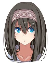 Rule 34 | 1girl, black hair, blue eyes, blue shirt, blush, brown hairband, close-up, collarbone, hair between eyes, hairband, highres, idolmaster, idolmaster cinderella girls, idolmaster cinderella girls starlight stage, kazenoko, long hair, looking at viewer, parted lips, sagisawa fumika, shirt, simple background, solo, white background