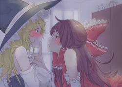 Rule 34 | 2girls, ahoge, artist request, bad id, bad pixiv id, bare shoulders, blonde hair, blush, bow, brown hair, detached sleeves, exxe, eye contact, finger to another&#039;s mouth, finger to mouth, frills, hair bow, hair tubes, hakurei reimu, hat, hat bow, indoors, kirisame marisa, long hair, looking at another, multiple girls, off shoulder, parted lips, ribbon-trimmed sleeves, ribbon trim, touhou, white bow, window, witch hat, yellow eyes, yuri