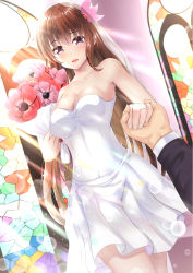 Rule 34 | 1boy, 1girl, :d, alternate costume, bare arms, bare legs, bare shoulders, black jacket, blush, bouquet, breasts, bridal veil, brown hair, church, church interior, cleavage, collarbone, couple, day, dress, dutch angle, flower, hair between eyes, hair flower, hair ornament, happy, hetero, highres, holding, holding bouquet, holding hands, indoors, jacket, jewelry, kantai collection, kisaragi (kancolle), legs, lens flare, lips, long hair, long sleeves, looking at viewer, medium breasts, neck, aged up, open mouth, pink flower, purple eyes, red flower, ring, smile, solo focus, standing, strapless, strapless dress, sunlight, takamichis211, veil, wedding, wedding band, wedding dress, white dress