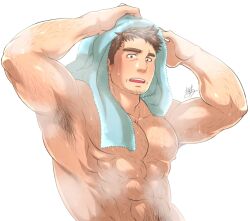 Rule 34 | 1boy, abs, armpit hair, bara, check copyright, copyright request, drying, drying hair, hairy, large pectorals, looking at viewer, male focus, mature male, muscular, muscular male, navel, navel hair, nipples, original, pectorals, sanpaku, short hair, solo, sparse chest hair, standing, steam, stomach, sunfight0201, thick arm hair, thick eyebrows, thick navel hair, towel, upper body, wet