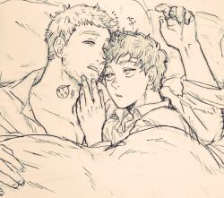 Rule 34 | 2boys, alternate facial hair, beard stubble, blanket, collared shirt, commentary request, drooling, dungeon meshi, facial hair, hand on another&#039;s chin, kabru, laios touden, looking at another, lying, male focus, mouth drool, multiple boys, on back, open mouth, pillow, shirt, short hair, sindoisanfff, sleepy, speech bubble, stubble, traditional media, translation request, under covers, undercut, upper body, very short hair, yaoi
