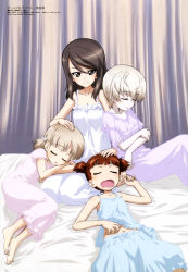 Rule 34 | 4girls, absurdres, aki (girls und panzer), bare arms, bed sheet, breasts, brown eyes, brown hair, cleavage, closed eyes, closed mouth, collarbone, crossed arms, curtains, girls und panzer, hand on another&#039;s head, highres, medium hair, megami magazine, midriff peek, mika (girls und panzer), mikko (girls und panzer), multiple girls, navel, nightgown, official art, open mouth, pajamas, platinum blonde hair, scan, short hair, short sleeves, sleeping, sleepwear, smile, sugimoto isao, twintails, youko (girls und panzer)