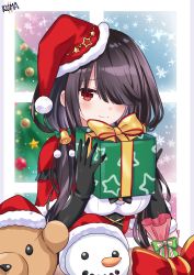 Rule 34 | 1girl, absurdres, bell, black hair, box, breasts, capelet, christmas, christmas tree, closed mouth, commentary, date a live, english commentary, fur trim, gift, gift box, gloves, hair bell, hair ornament, hair over one eye, hat, highres, large breasts, lewdkuma, long hair, looking at viewer, red capelet, red eyes, santa hat, smile, solo, stuffed toy, tokisaki kurumi