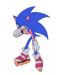 Rule 34 | 1boy, animal ears, animal nose, full body, furry, furry male, gloves, half-closed eyes, hand on own leg, headphones, headphones around neck, inline skates, male focus, mo0n friend, red footwear, roller skates, rubbing nose, shoes, simple background, skates, solo, sonic (series), sonic the hedgehog, standing, tail, white background, white gloves