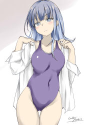 Rule 34 | 1girl, blue eyes, blue hair, blunt bangs, blush, breasts, competition school swimsuit, cowboy shot, dated, gakky, gluteal fold, hatsukaze (kancolle), highres, hime cut, kantai collection, long hair, looking at viewer, medium breasts, one-piece swimsuit, open clothes, open shirt, purple one-piece swimsuit, school swimsuit, shirt, simple background, solo, swimsuit, twitter username, white background, white shirt