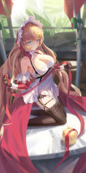 Rule 34 | &gt; &lt;, 1girl, absurdly long hair, azur lane, bare shoulders, black gloves, black thighhighs, blonde hair, blurry, blurry background, breasts, cleavage, detached sleeves, dress, frilled hairband, frills, from side, full body, garter straps, gloves, green eyes, hairband, highres, holding, holding ribbon, howe (azur lane), howe (pastry princess) (azur lane), indoors, juliet sleeves, kneeling, lace, lace-trimmed legwear, lace trim, large breasts, long hair, long sleeves, looking to the side, maid headdress, manjuu (azur lane), official alternate costume, puffy sleeves, red dress, red ribbon, red sleeves, ribbon, sansan (dongfangzhong111), solo, thighhighs, two-tone dress, very long hair, white dress, wooden floor