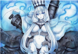 Rule 34 | 1girl, armor, blue background, blue eyes, blue fire, breasts, cannon, crown, facial scar, fire, hat, kantai collection, large breasts, long hair, looking at viewer, mosho, no bra, northern water princess, panties, ponytail, scar, scar on cheek, scar on face, silver hair, solo, thighhighs, turret, underwear, undressing, very long hair, weapon, wool, wool dress