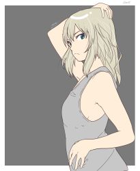 Rule 34 | 1girl, arm up, artist name, blue eyes, casual, closed mouth, commentary, dated, from side, frown, girls und panzer, grey background, grey shirt, hand on own hip, hand on own head, highres, itsumi erika, long hair, looking at viewer, one-hour drawing challenge, outside border, shirt, signature, silver hair, simple background, solo, tank top, twitter username, upper body, zono (inokura syuzo029)
