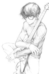Rule 34 | 1boy, barefoot, commentary request, damaged, electric guitar, fujicue!!! ~fuji cue&#039;s music~, gibson flying v, glasses, greyscale, guitar, highres, indian style, instrument, looking away, male focus, monochrome, oboredani yousuke, original, ribbed sweater, sitting, sketch, solo, sweater, taguchi shouichi, turtleneck