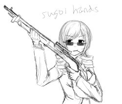 Rule 34 | 10s, 1girl, breasts, cleavage, drill hair, exp, formal, greyscale, gun, mahou shoujo madoka magica, mahou shoujo madoka magica (anime), monochrome, mouth hold, rifle, scope, sketch, solo, suit, sunglasses, tomoe mami, toothpick, twin drills, twintails, weapon