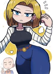 Rule 34 | 1boy, 1girl, absurdres, android 18, bald, belt, black shirt, blonde hair, blue eyes, blue pants, blush, breasts, breath, brown belt, collarbone, denim, dot nose, dragon ball, dragonball z, earrings, heart, highres, husband and wife, jeans, jewelry, kuririn, large breasts, long sleeves, looking at viewer, no nose, orange shirt, pants, shirt, short hair, short sleeves, sparkle, striped sleeves, teeth, tony welt, v, white background, wide hips, wristband