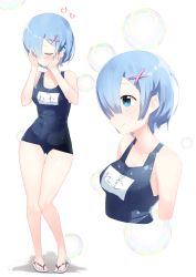 Rule 34 | 1girl, 714 (leg200kr), bad id, bad pixiv id, bare arms, bare legs, bare shoulders, bikini, blue eyes, blue hair, blue one-piece swimsuit, blush, breasts, bubble, commentary request, dot nose, hair ornament, hair over one eye, hand on own face, heart, medium breasts, multiple views, one-piece swimsuit, re:zero kara hajimeru isekai seikatsu, rem (re:zero), sandals, school swimsuit, short hair, smile, standing, swimsuit, translation request, x hair ornament